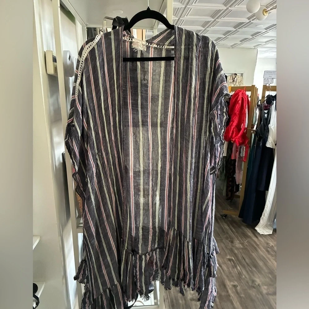 Free People- There She Goes Ruffle Stripe Kimono - Denim - OS